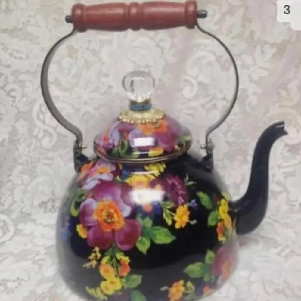 MacKenzie Childs Black Flower Market Enamel 144 oz-4.5 Qts Tea Kettle w/ 4 Mugs - Picture 3 of 11